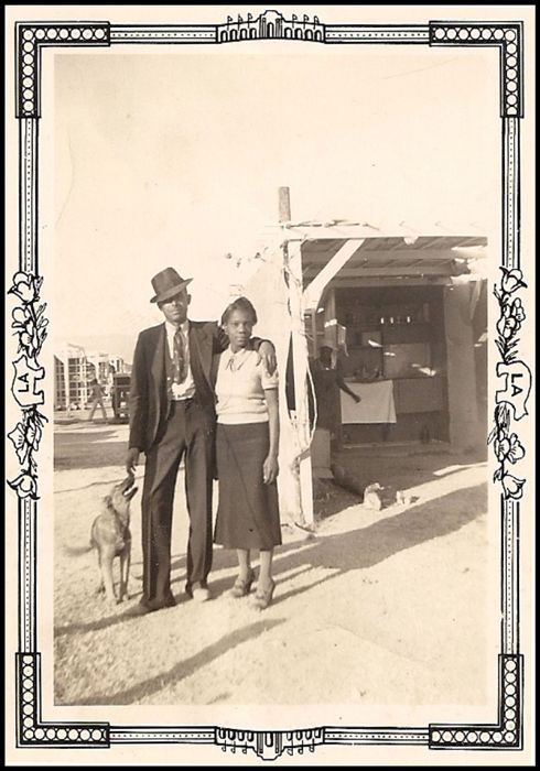 Couple w Dog Olympic Coliseum LA California Printed Bear Photo Develop Co Circa 1932 photo 18-297-CouplewDogOlympicColiseumLACaliforniaPrintedBearPhotoDevelopCoCirca1932_zps3cea86bd.jpg
