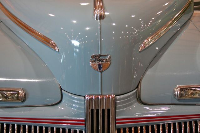 Slate blue 1942 Ford Deluxe, detail of front hood and grill