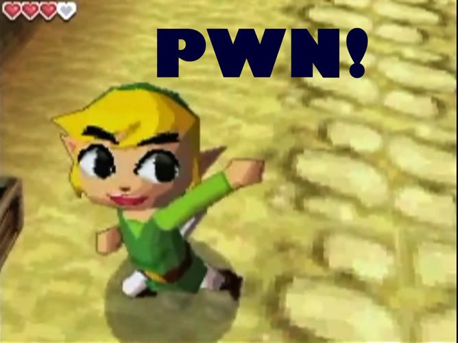 A cell-shaded Link, with blond hair and his green suit and cap, smiles and punches his fist into the air. Above his head, text reads: PWN! in big blue letters