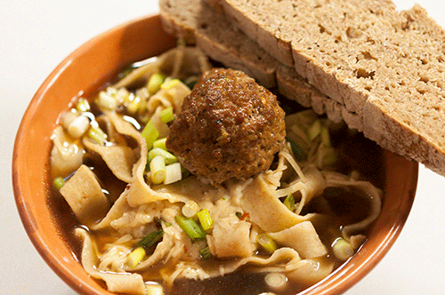 homemade noodles, meatball, beef broth