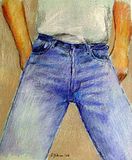 Middle of body sketch of a guy in jeans and white t-shirt