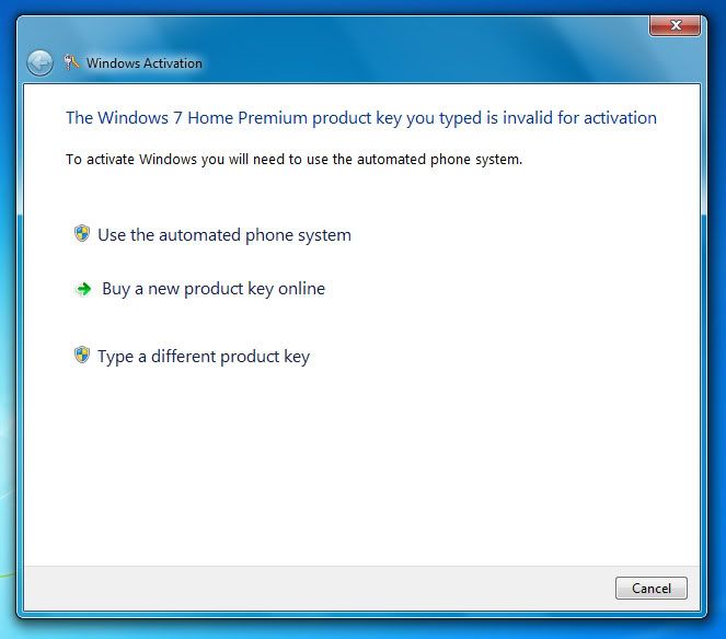 The Windows 7 Home Premium product key you typed is invalid for